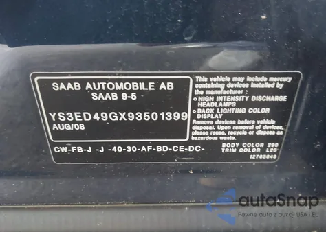 2009 Saab 9-5 2.3T/Aero z USA, uszkodzony, nr VIN YS3ED49GX93501399